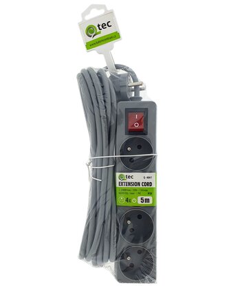 Prodlužovací přívod šedý 4 zásuvky s vypínačem, 5m, Q-404F QTEC