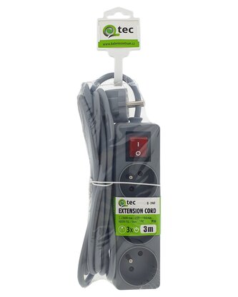 Prodlužovací přívod šedý 3 zásuvky s vypínačem, 3m, Q-396F QTEC