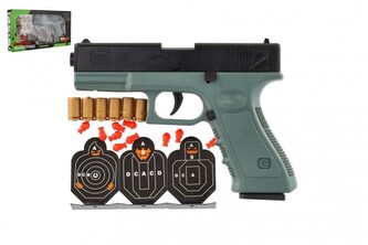 Pistole Glock na pěnové náboje plast 19cm + terče 3ks, náboje 6ks v krabici 34x18x4,5cm