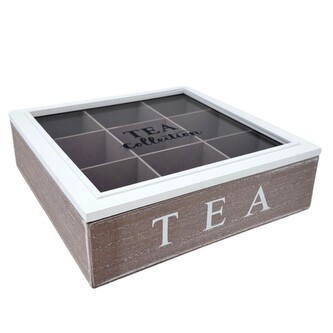 Box na čaje s devíti přihrádkami, dřevo s bílým víkem