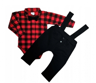 Elegantní sada 3D, láclové kalhoty, body + motýlek, Kárko, červená/černá; 62 (2-3m)