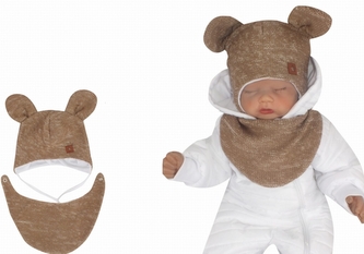 Z&Z Dvouvrstvá pletená čepice na zavazování s šátkem 2v1, Méďa - hnědá, vel. 68; 68 (3-6m)