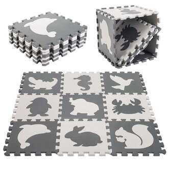 Pěnová vzdělávací podložka puzzle 9 dílků zvířátka 85 x 85 cm černé/béžové Pěnová vzdělávací podložka puzzle 9 dílků zvířátka 85 x 85 cm černé/béžové