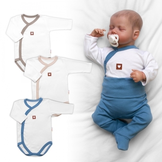 Rostoucí výhodná sada, 3x Body zap. bokem Nature - modrá/béžová/taupe; 50/56 (0-2m)