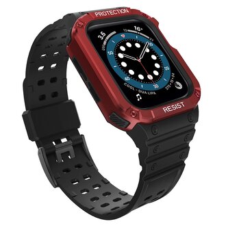 Protect Strap Band opaska z etui do Apple Watch 7 / 6 / 5 / 4 / 3 / 2 / SE (41 / 40 / 38mm) obudowa pancerny pokrowiec na zegarek czarny / czerwony