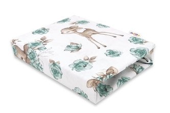 Baby Nellys Dětské bavlněné prostěradlo do postýlky, Srnka a růže - mátová; 120x60