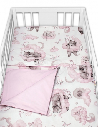 2-dílné bavlněné povlečení Baby Nellys, Zvířátka na mráčku, růžová/bílá; 120x90