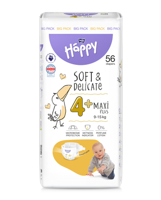 Bella Baby Happy Soft&Delicate vel. 4+ Maxi Plus 9-15 kg jednorázové dětské pleny  Megapack 56 ks