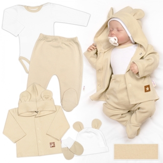 Žebrovaná sada, Star 5D, body, polodupačky, kabátek, čepička, rukavice - bílá béžová, 74\n; 74 (6-9m)