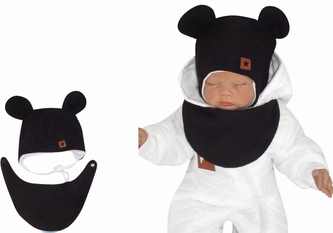 Z&Z Dvouvrstvá pletená čepice na zavazování s šátkem 2v1, Méďa - černá, vel. 68; 68 (3-6m)