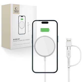 Ładowarka Tech-Protect QI15W-A25 indukcyjna MagSafe 15W z kablem USB-A / USB-C - biała