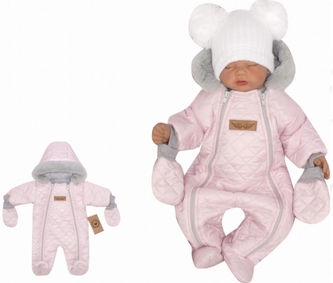Z&Z Zimní prošívaná kombinéza s kožešinou a kapucí + rukavičky - sv.růžová, vel. 62; 62 (2-3m)