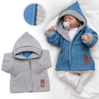 Rostoucí oboustranný svetřík s kapucí Hand Made, modrá-šedá; 56/62 (0-3m)