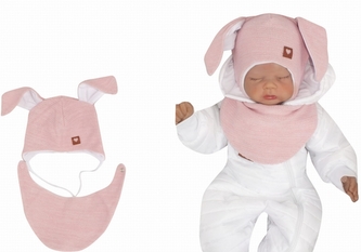 Z&Z Dvouvrstvá pletená čepice na zavazování s šátkem 2v1, Zajíček - růžová, vel. 74; 74 (6-9m)