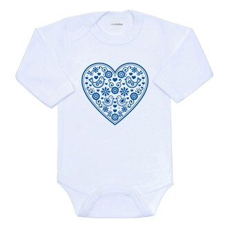 Dětské body s potiskem New Baby Lidový vzor modré srdíčko - velikost 74 (6-9m)