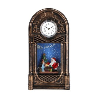 Hodiny se sněžnou koulí, LED světlem a vánoční scénou