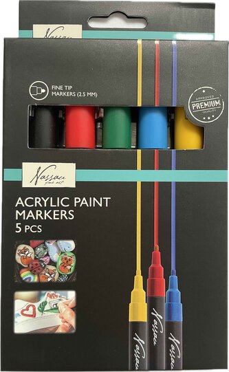 Akrylové fixy, 5 barev, tloušťka hrotu 2,5 mm