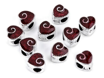 Kovové korálky s velkým průvlekem srdce 10x10 mm - 20 ks - 1 červená tmavá