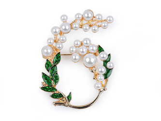 Brož s perlami - 1 ks - 2 zelená tmavá perlová