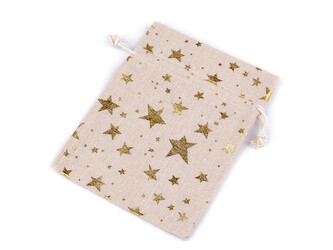 Dárkový pytlík hvězdy metalické 13x18 cm lněný - 10 ks - 2 režná zlatá