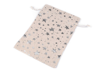 Dárkový pytlík hvězdy metalické 20x30 cm lněný - 10 ks - 1 režná stříbrná