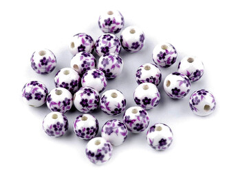 Porcelánové korálky s květy Ø8 mm - 25 ks - 3 fialová tmavá