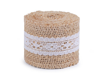 Jutová stuha s krajkou šíře 50 mm, 60 mm - 20 ks - 10 (50 mm) režná přírodní