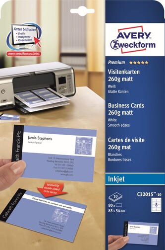 Avery Zweckform vizitky, s hladkým okrajem, 8ks/A4, oboustranné typ matné, bílé, A4, 260 g/m2, 85x54mm, 10 listů, pro inkoustové t