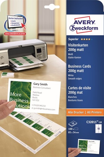 Avery Zweckform vizitky, matné, bílé, A4, 200 g/m2, 85x54mm, 10 listů, pro laserové a inkoustové tiskárny, O