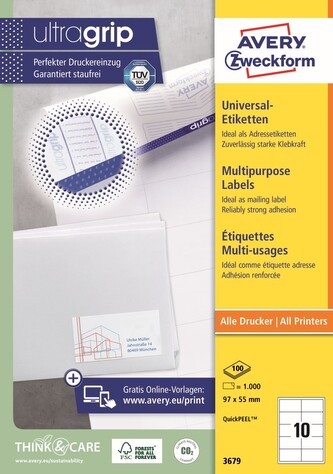 Avery Zweckform etikety 97 x 55 mm, A4, bílé, 10 etiket, baleno po 100 ks, 3679, pro laserové a inkoustové tiskárny, kopírky