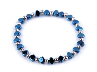 Náramek pružný hematitový - 1 ks - 3 modrá platina