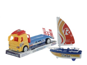 Auto s přívěsem a lodí, na setrvačník; 29x12,5x8,5cm,,