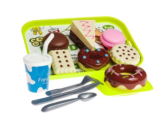 Dezertní sada, dorty na podnosu, příbory, pití; 28x20,5x5,5cm,,