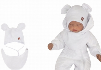 Z&Z Dvouvrstvá pletená čepice na zavazování s šátkem 2v1, Méďa - bílá, vel. 62; 62 (2-3m)