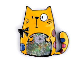 Kovová brož pes, kočka - 1 ks - 2 žlutá kočka