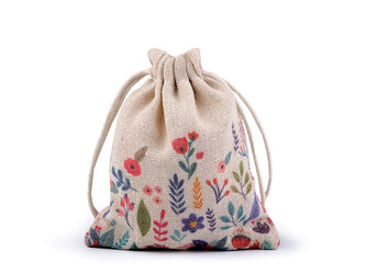 Dárkový pytlík jarní 10x13 cm lněný s květy - 20 ks - 1 režná