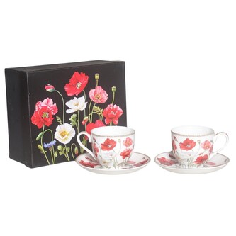 HOME ELEMENTS Hrnek 270 ml s podšálkem, Máky bílé