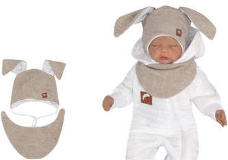 Z&Z Dvouvrstvá pletená čepice na zavazování s šátkem 2v1, Zajíček - béžová, vel. 62; 62 (2-3m)