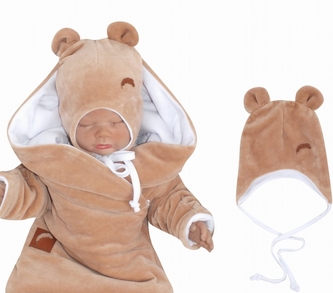 Z&Z Velurová čepice na zavazování s oušky, béžová; 56/62 (0-3m)