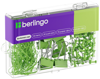 Zestaw zielony: 70 spinaczy, 40 pinezek tablicowych, 10 klipów, Berlingo