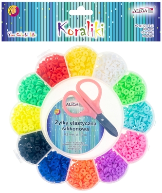 Zestaw koralików gumowych PJ-7352 rozm.6mm, 60g+żyłka dł.10m i nożyczki, Aliga