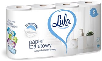 Papier toaletowy Lula biały 3 warstwowy, celuloza,  8 rolek, Stella