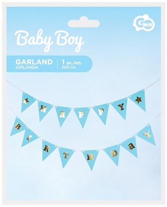 Girlanda papierowa B&G Happy Birthday - Baby Boy, jasnoniebieska, 300 cm, DIY, wys. flagi 17 cm, GoDan