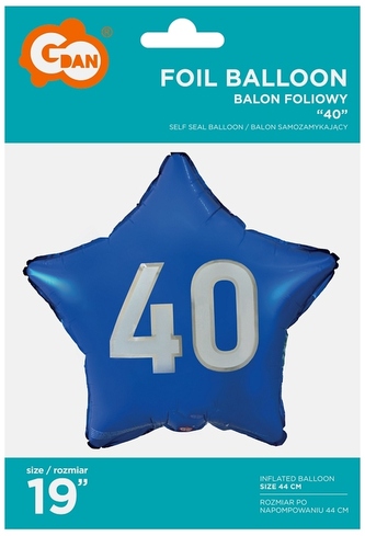 Balon foliowy "40" gwiazda niebieska, nadruk biały, 19", GoDan