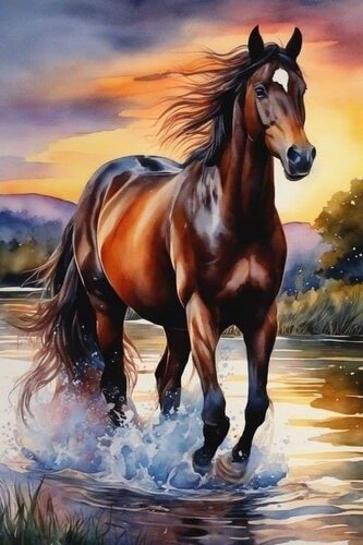 Diamantové malování Kůň klusající v řece 30 x 40 cm