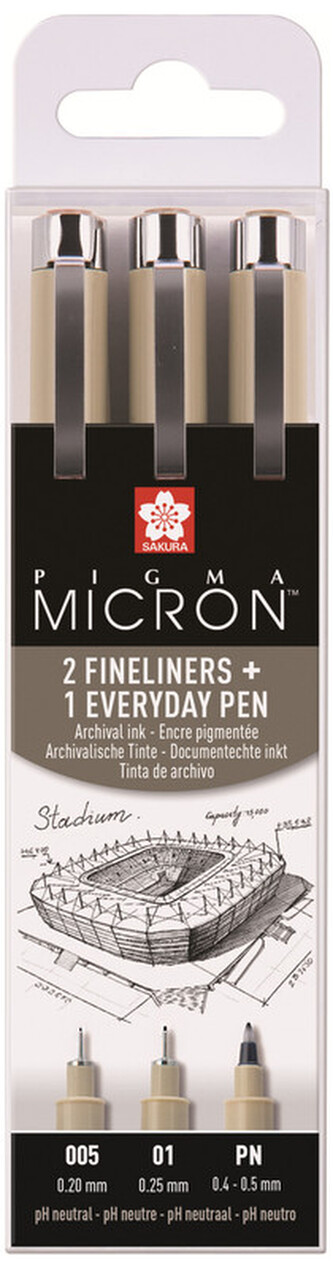 Cienkopisy kreślarskie 3szt. 0,20, 025, 04-05mm Urban,  Pigma Micron, Sakura