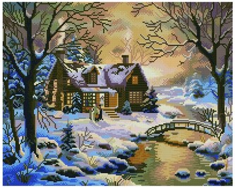 Mozaika diamentowa 40x50 Domek zimowy w lesie, iPicasso