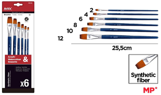 Pędzle syntetyczne zestaw 6 szt. płaskie nr 2 4 6 8, 10, 12 Artix, 519088, Main Paper