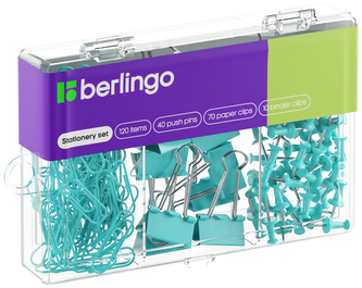 Zestaw niebieski: 70 spinaczy, 40 pinezek tablicowych, 10 klipów, Berlingo