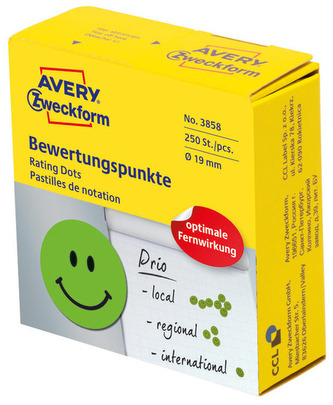 Etykiety kółka z do zaznaczania Uśmiechnięta buźka, trwałe, 250 szt. rolka, 19 mm, zielone, Avery